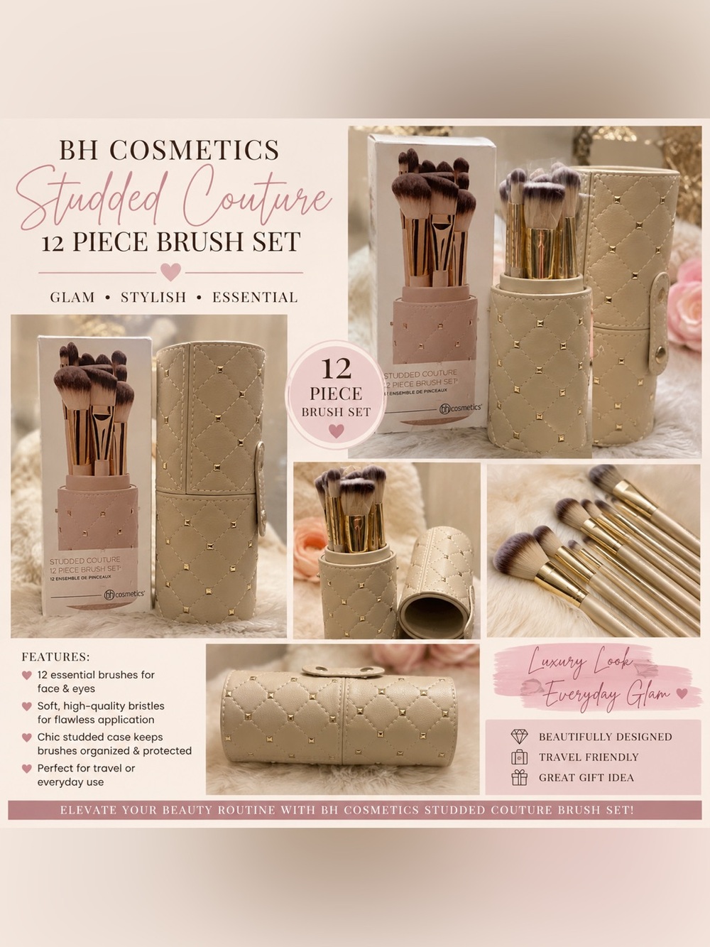 BH Cosmetics Studded Couture Brush Set in Beige & Gold